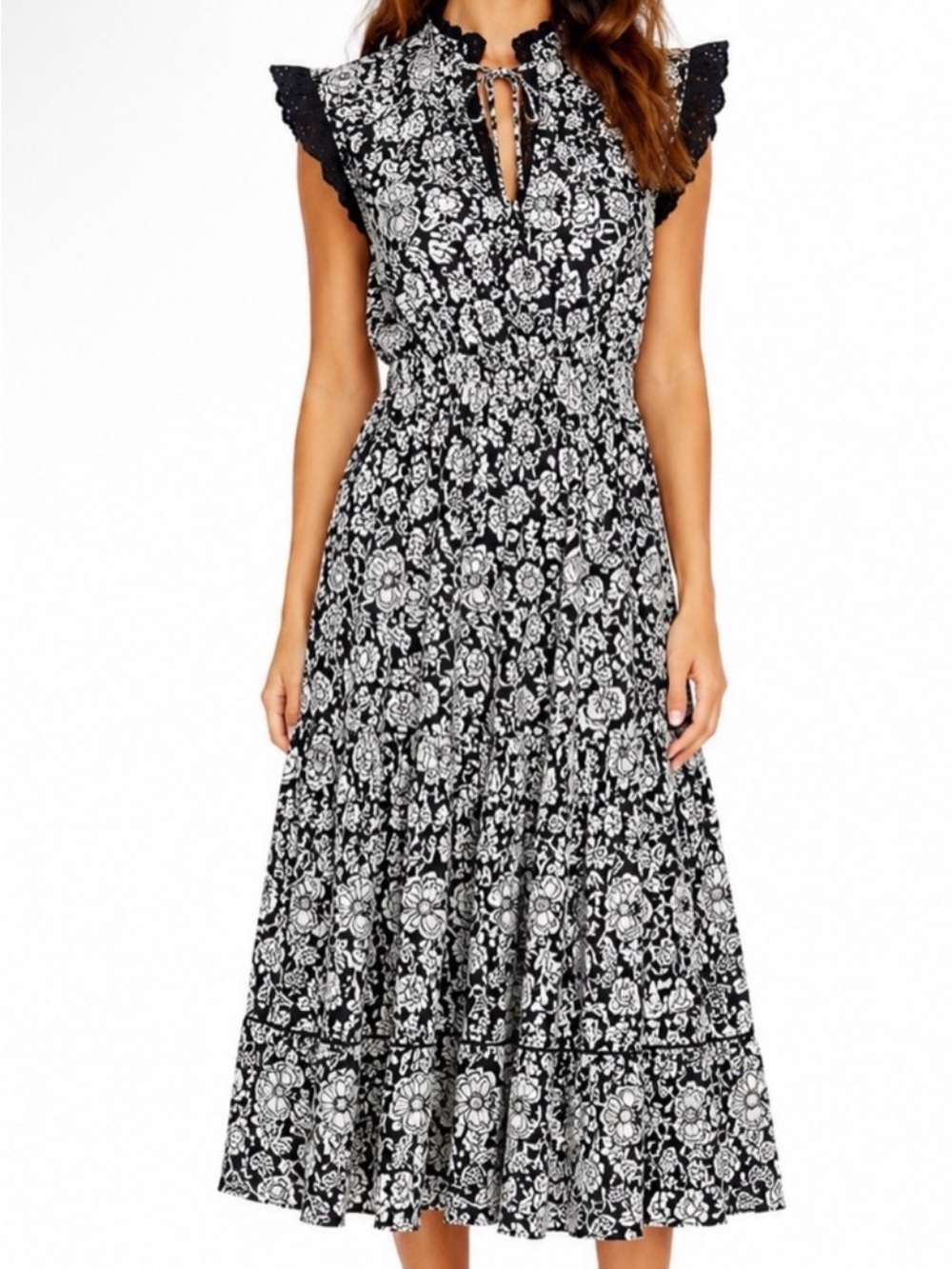See By Chloé Black and White Floral Midi Dress with Ruffle Sleeves
